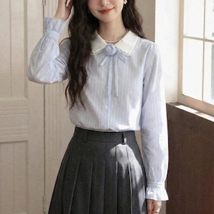 フラワーリボンストライプブラウス ・75176 フラワーリボンストライプブラウス ・75176