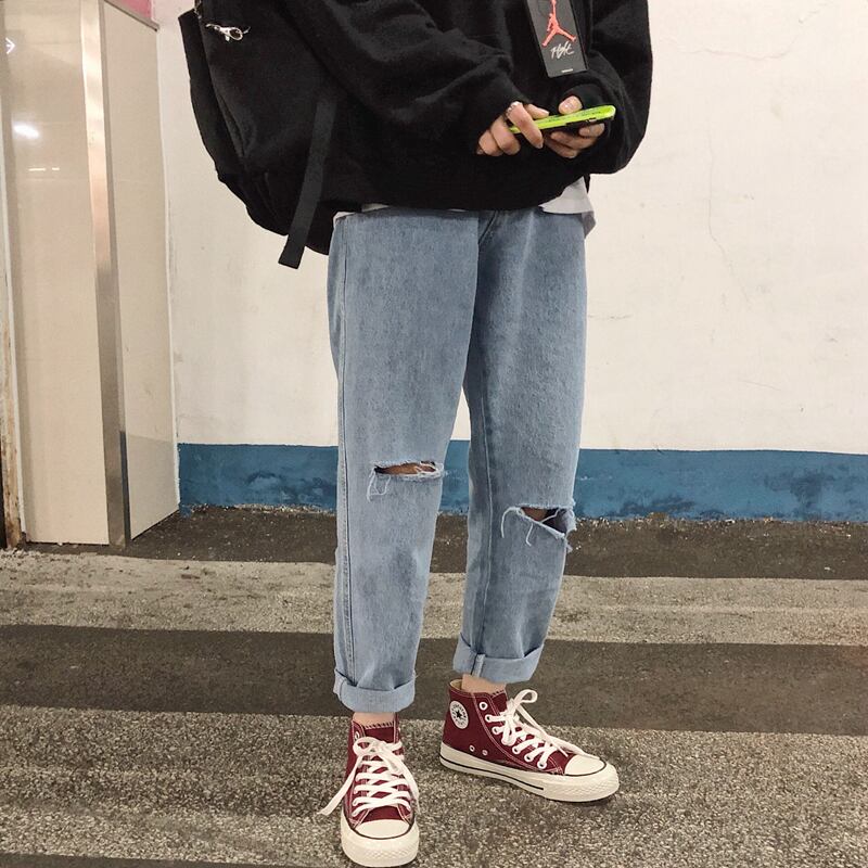 全1色 デニム パンツ ストレート カジュアル ワイド クラッシュ