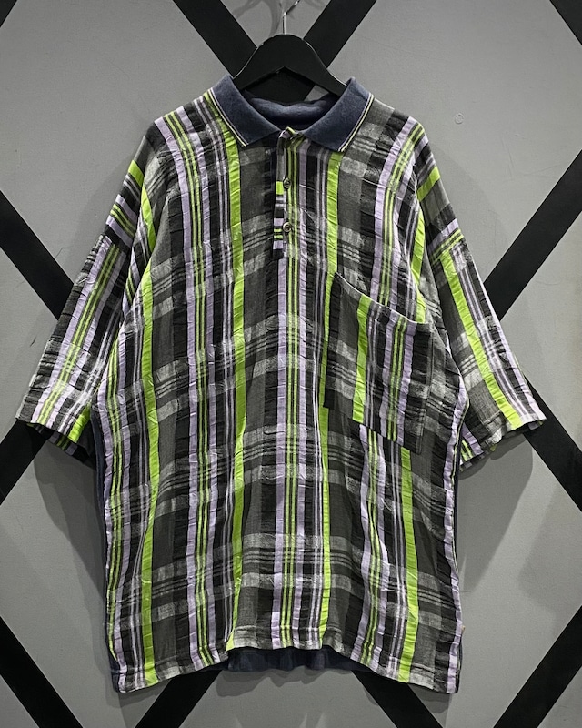 【X VINTAGE】Checkered Linen Fabric Switching Euro Vintage S/S Polo Shirt