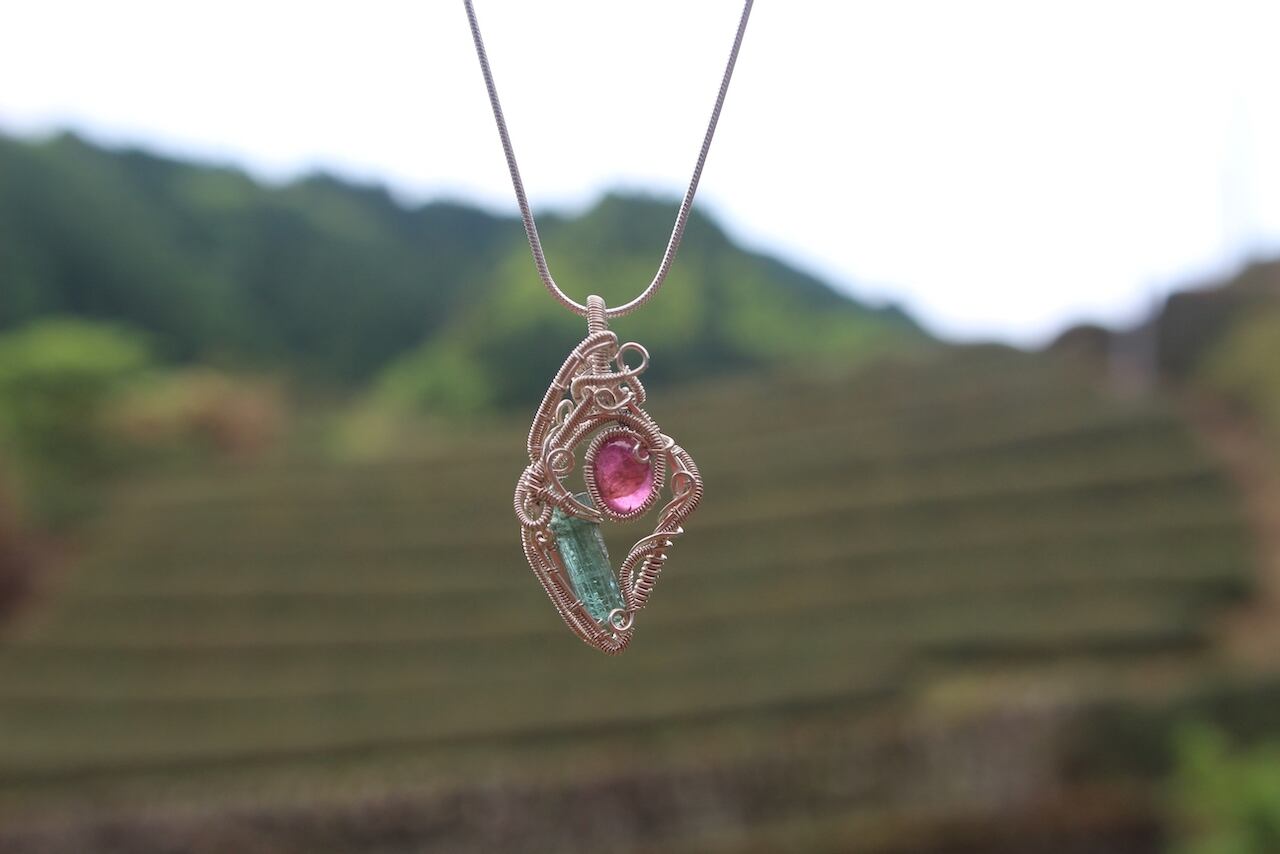 Green & Pink Tourmaline silver925 wire wrapping pendant