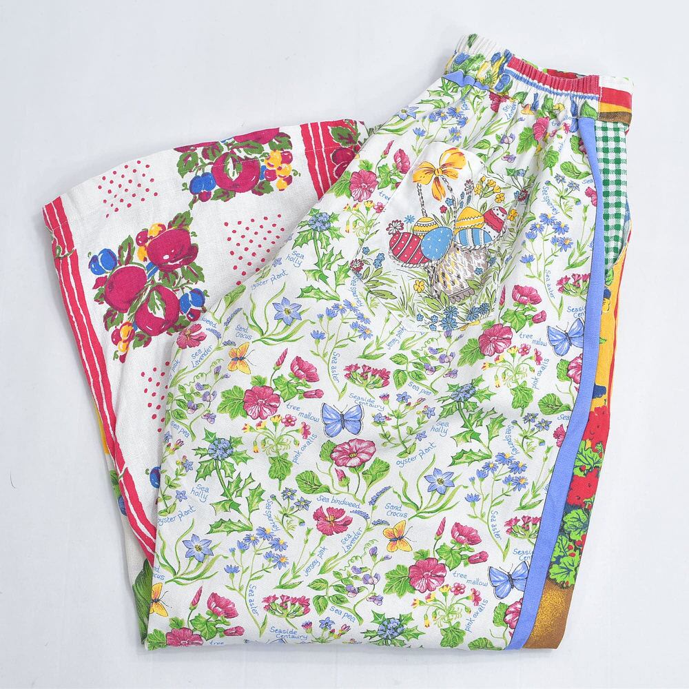 Remakeリメイク ヴィンテージ テキスタイル パッチワーク デザイン 再構築 ワイド ルーズシルエット バギーパンツ ツギハギ 古着 裏地付き レディースW70~90cm