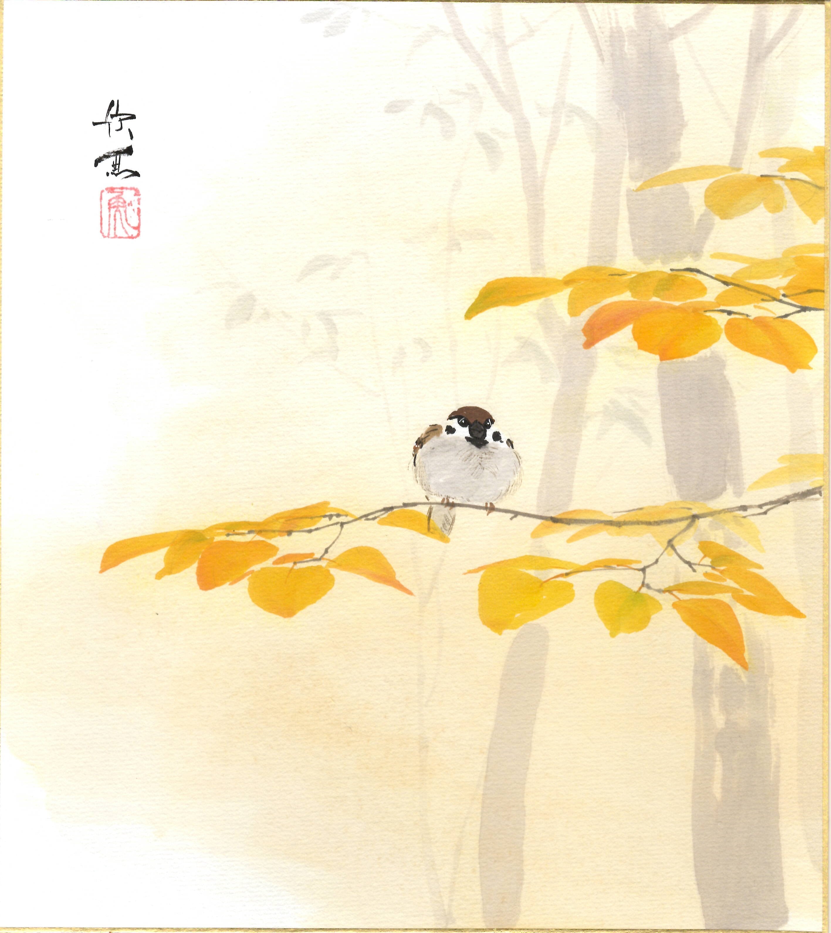 西村欣魚「紅葉雀」色紙絵 | 吉村唐木店 WEBSHOP