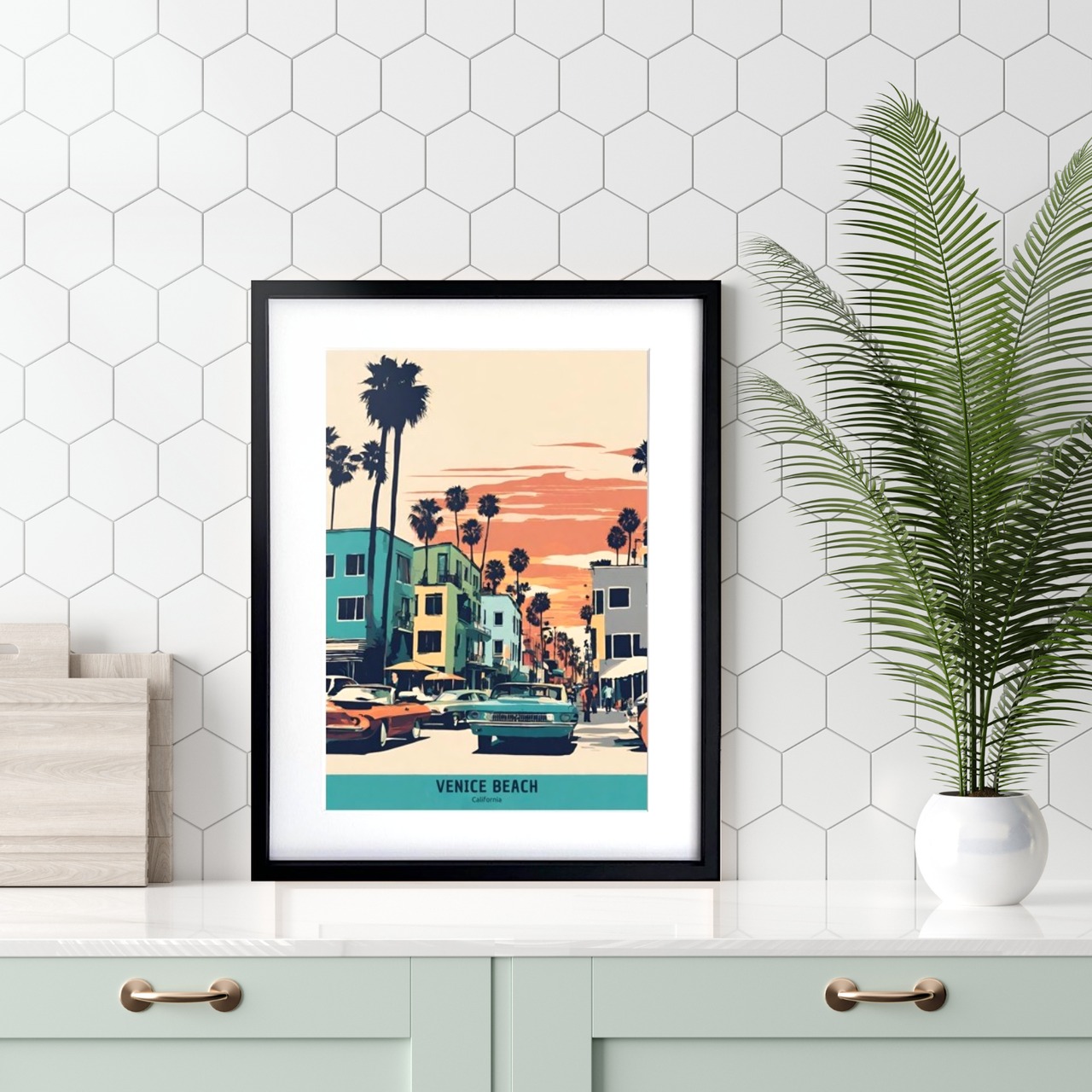 Venice Beach｜西海岸ベニスビーチを描くレトロアートポスター｜夏インテリアに合うヴィンテージデザイン｜A3ポスター