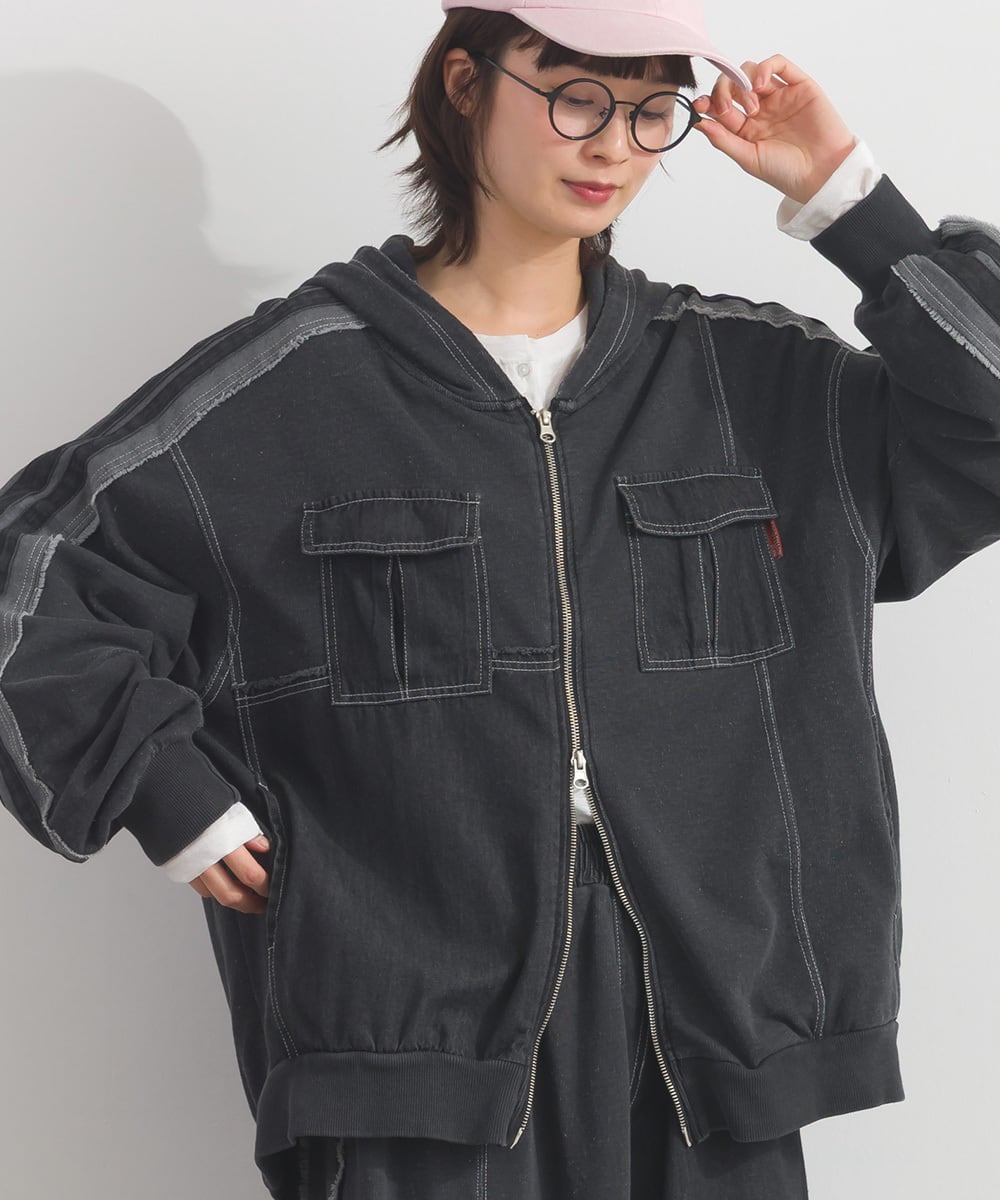 K261012 デニム切り替えZIPパーカー / Denim-Look Panel Zip Hoodie