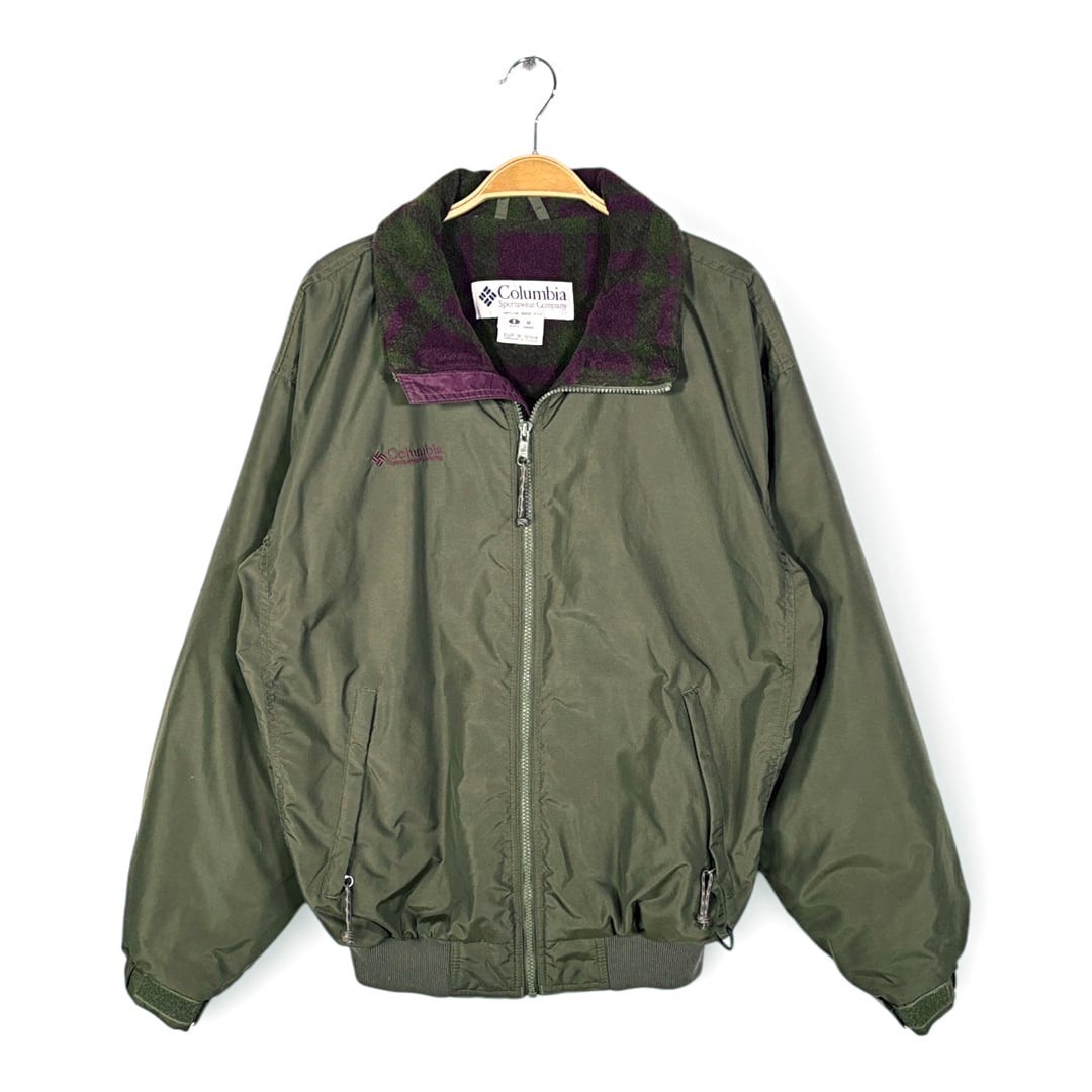 90s コロンビア 台湾製 フリース ナイロンジャケット ウォームアップジャケット こげ茶 紫 COLUMBIA サイズM相当 古着 DD0494