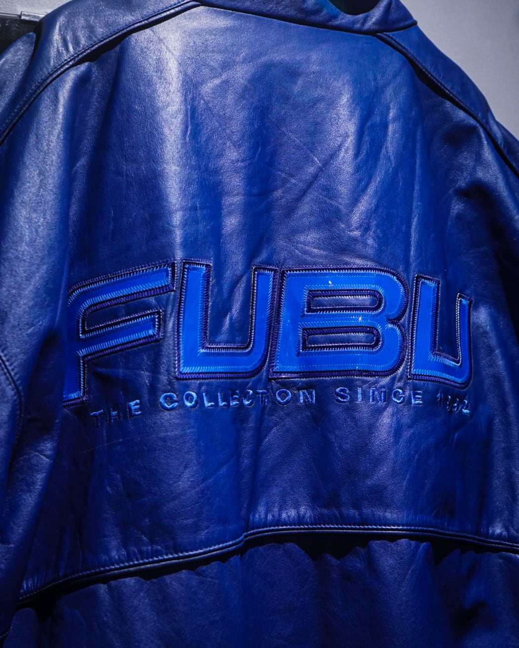 add (C) vintage】“FUBU” Vivid Blue Loose Leather Jacket | Caka
