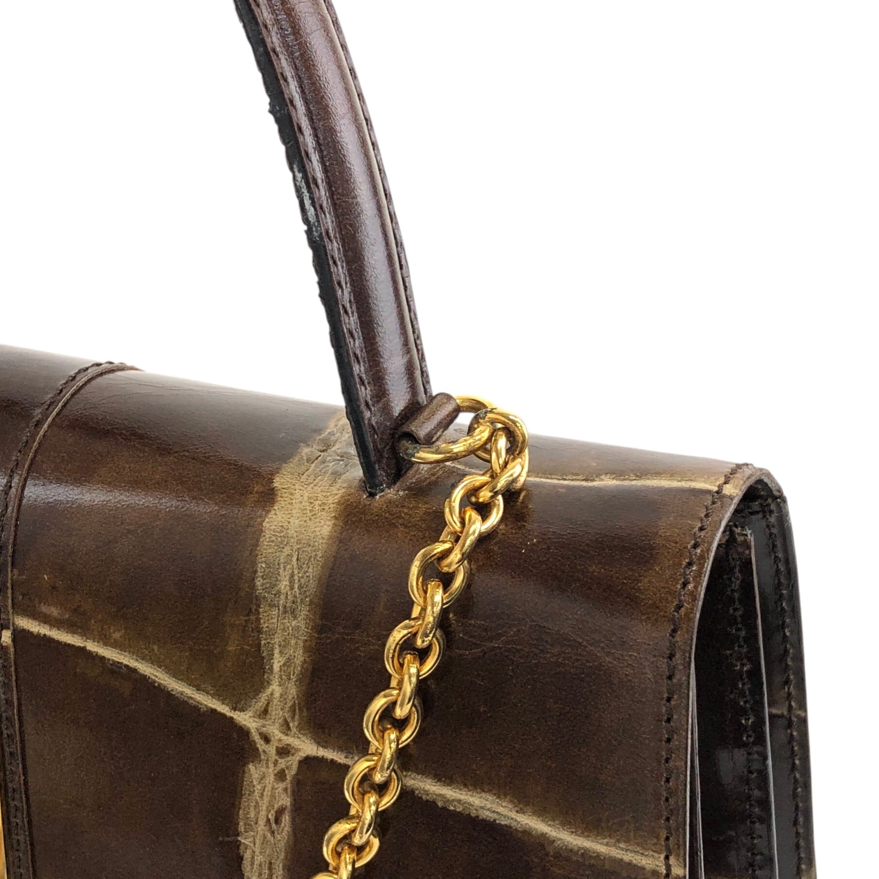 美品 CELINE セリーヌ ケース クロコ型押し ダークブラウン CELINE セリーヌ ハンドバッグ ブラウン ガンチーニ レザー クロコ型