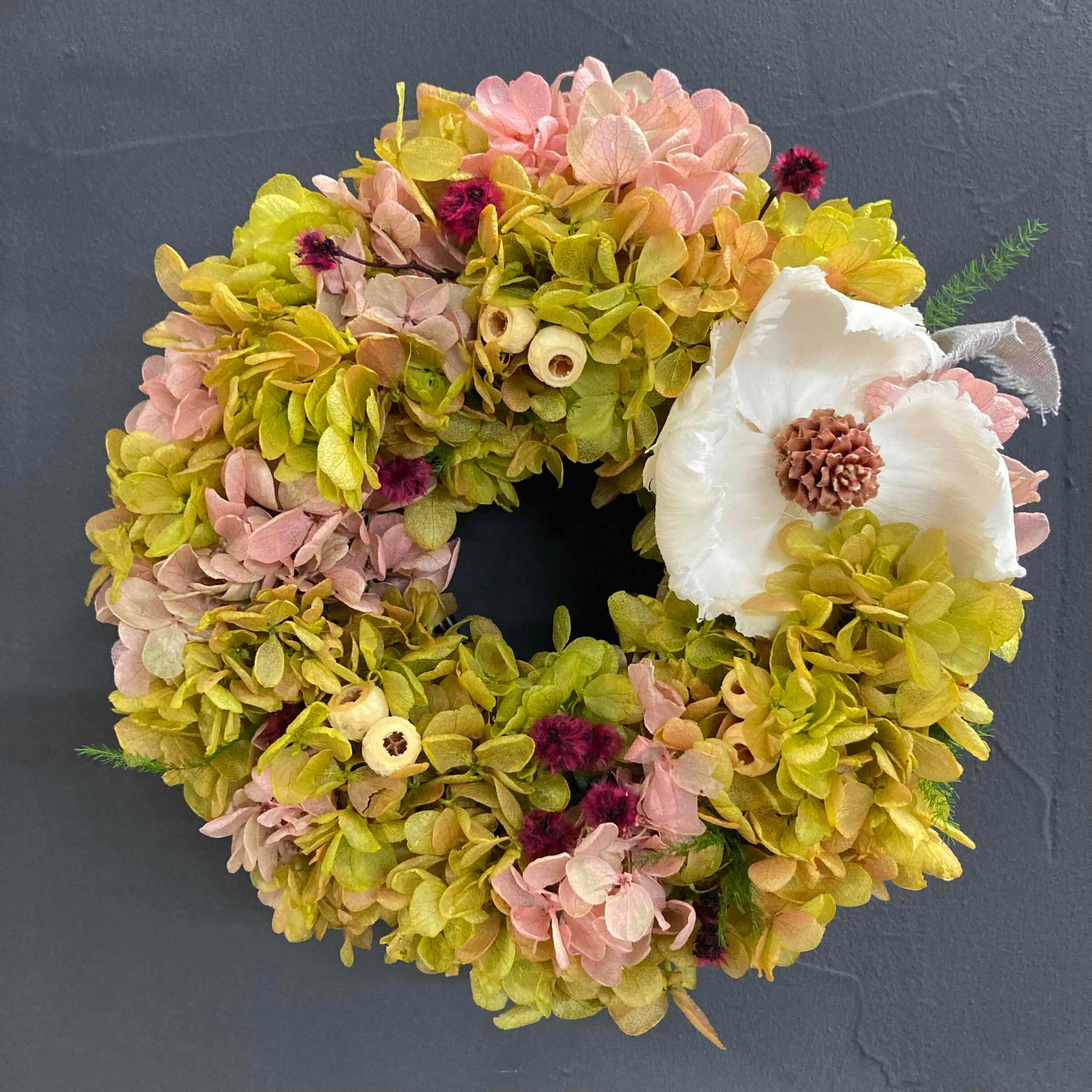 アジサイのプリザーブドフラワーリース/アンティークグリーン