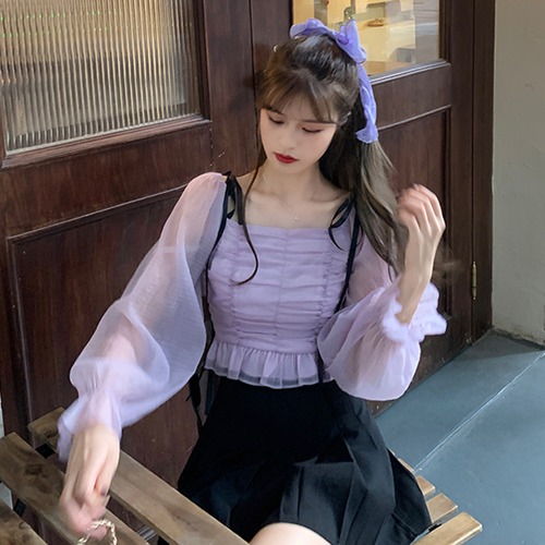 ✞ プリーツトップス カラーレース♥カワイイ♥シフォンシャツブラウス スウィート オフショルダー ✞ゴスロリ SM ミリ 甘ロリ クラロリ 和ロリ エレガント 黒ロリ 姫ロリ 華ロリ BB-BB4841146