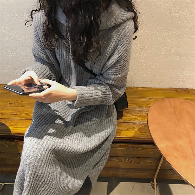 冬 ワンピース シンプル ゆったりする ニット 暖かさ フード付き カジュアル