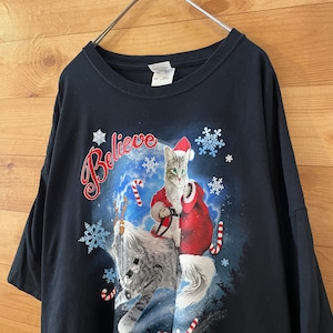 【FRUIT OF THE LOOM】猫 サンタ トナカイ アニマルプリント Tシャツ クリスマス  2XL ビッグサイズ オーバーサイズ us古着 アメリカ古着