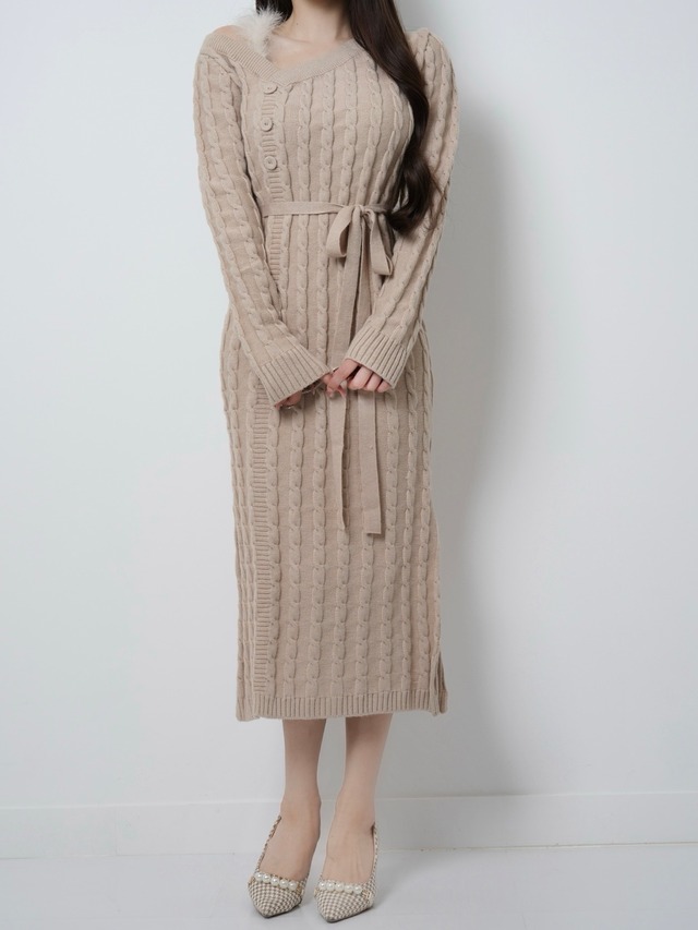 Lumignon original ♥ Fur cable knit dress long【ベージュ】