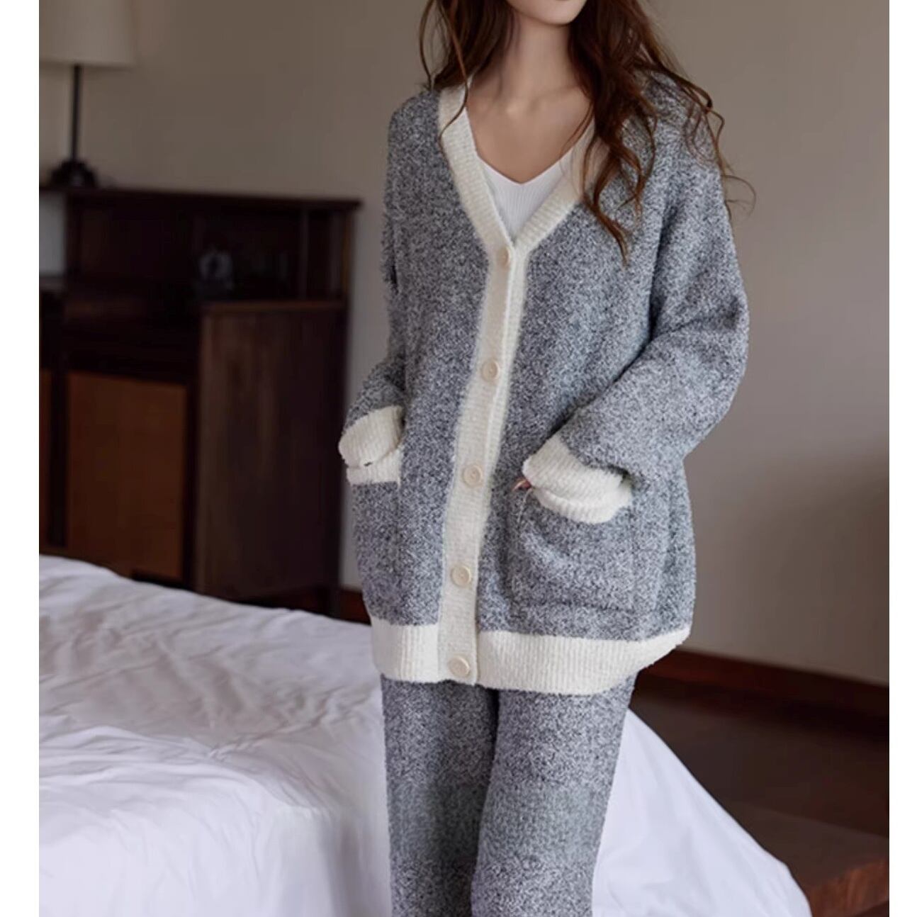 【M-XL】warm two-tone v-neck cardigan style pajamas p1618