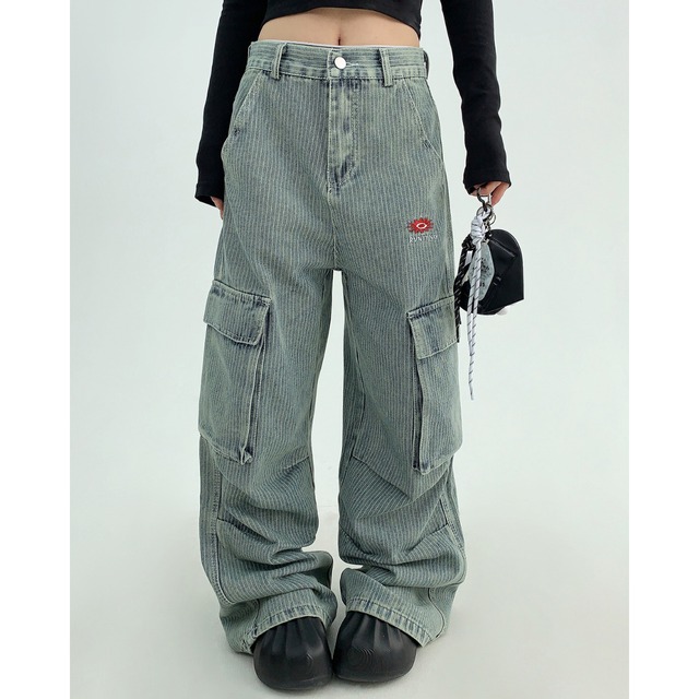 stripe embroidery point cargo denim　ストライプ刺繍ポイントカーゴデニム　J0665