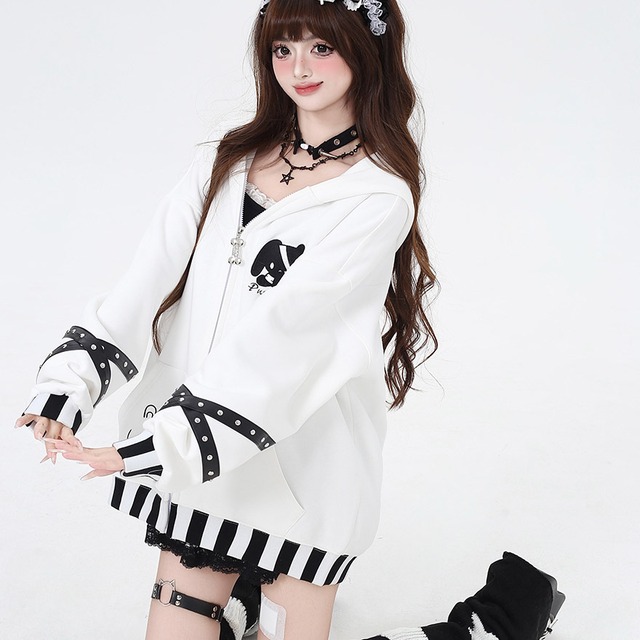 SEASONZ 地雷系 CRAZYGIRLシリーズ フーディー パーカー ウサギ耳 ボーダー 病み可愛い ダークファッション パンク ロリパン 地雷服 量産型