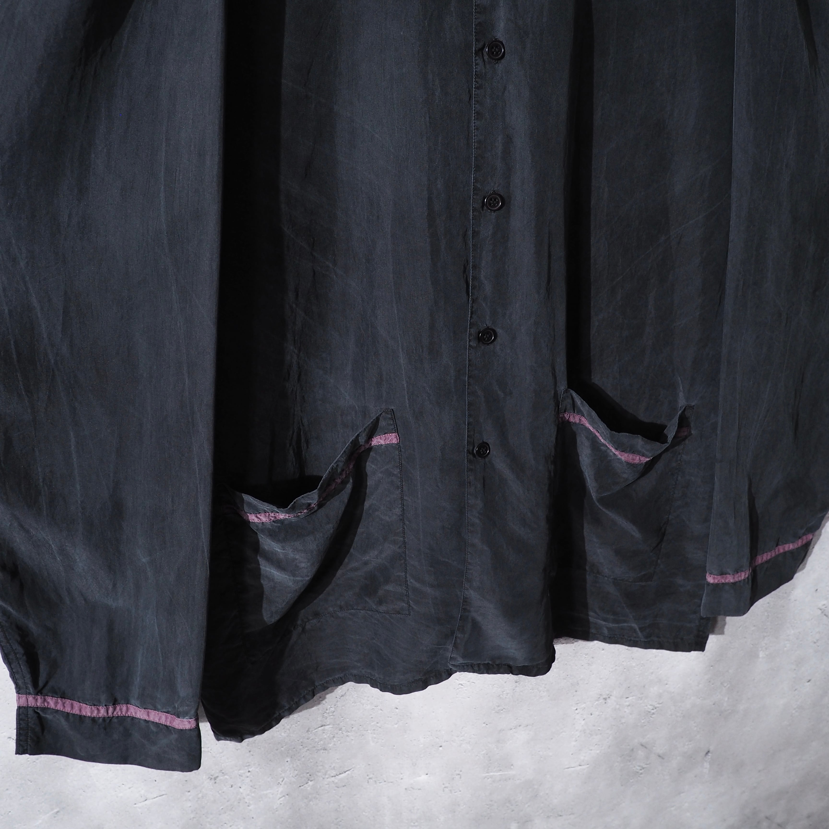 1980s " 墨黒 " Beautiful Black ink color vintage Drape loose silk shirt