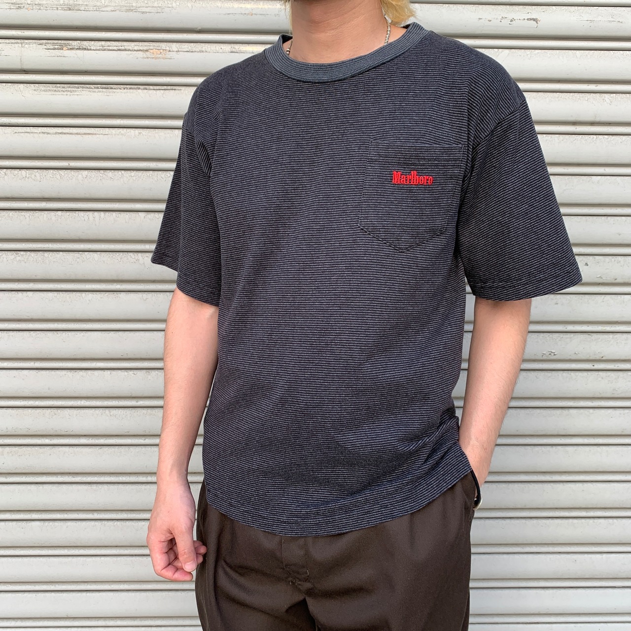 90s Marlboro ワンポイントロゴボーダーT ポケT ブラック系　M