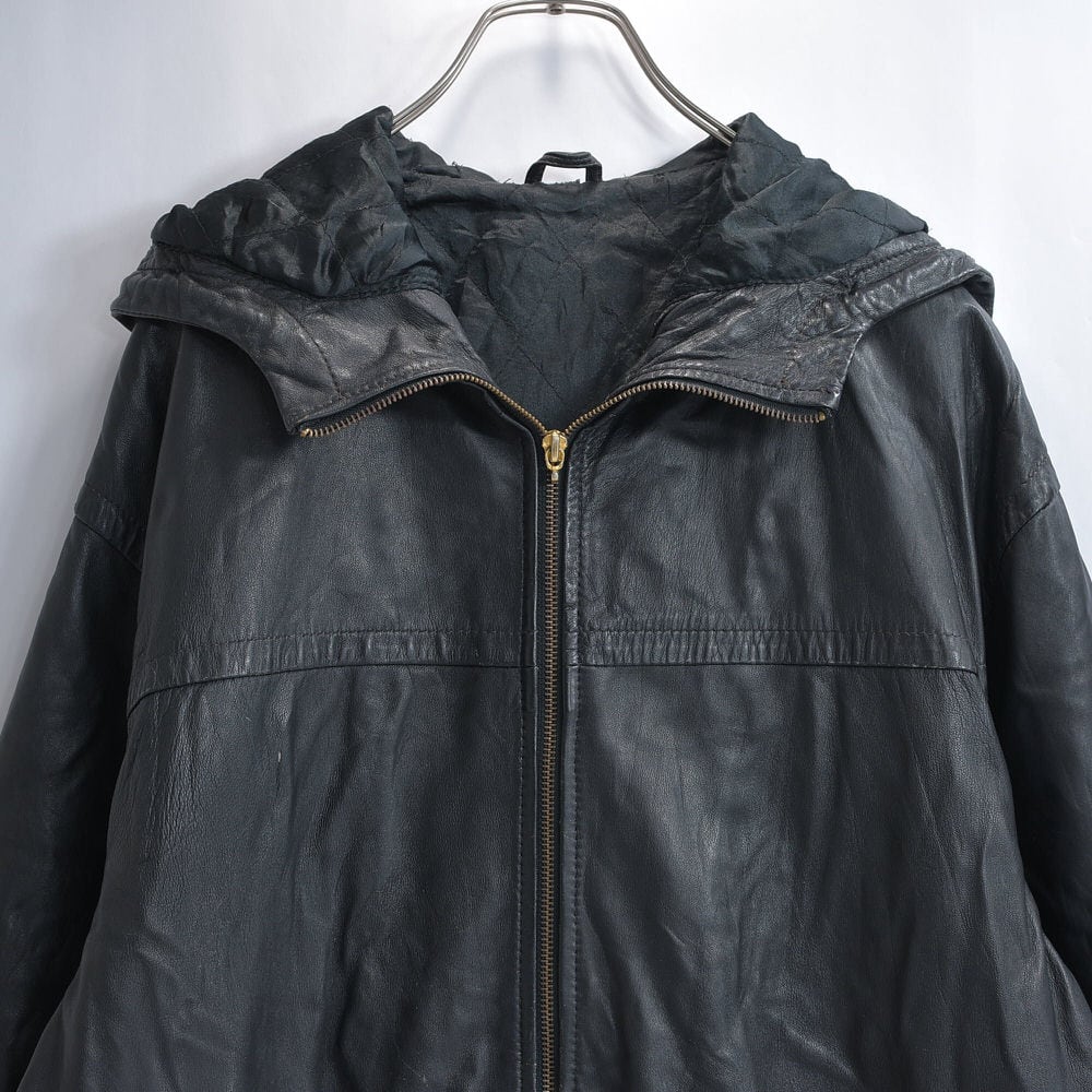 Used 90s~ ブラックレザー コート フード一体型 本革 ヴィンテージ 革ジャン アウター ジャンパー ビンテージ 裏地付き レザージャケット 古着 メンズL相当