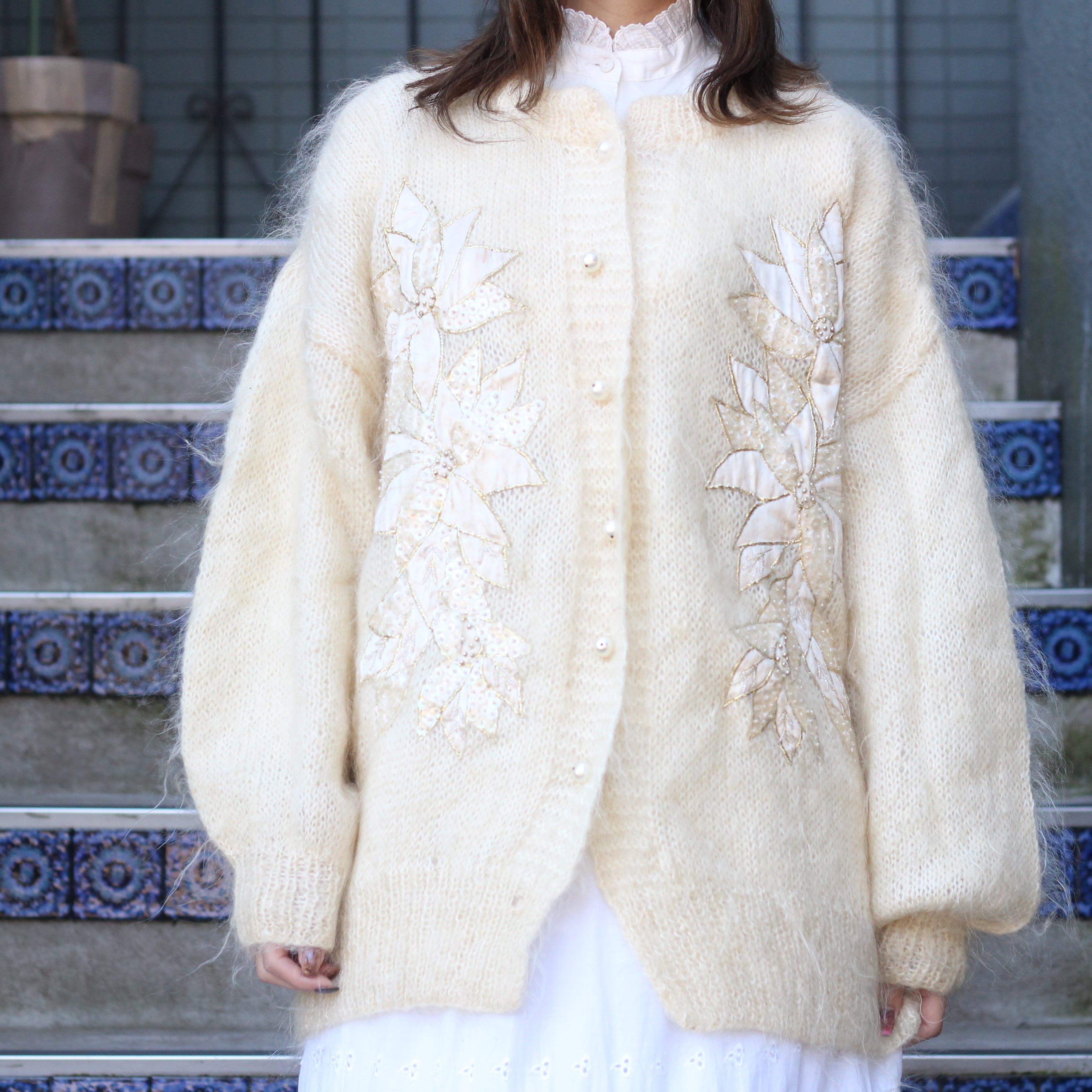 EU VINTAGE PEARL BUTTON DESIGN MOHAIR KNIT CARDIGAN/ヨーロッパ古着