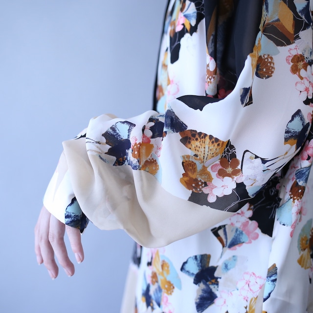 '"和" motif special flower art pattern fly-front see-through shirt