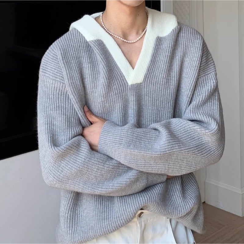 配色Vネックフーディーニット C10386