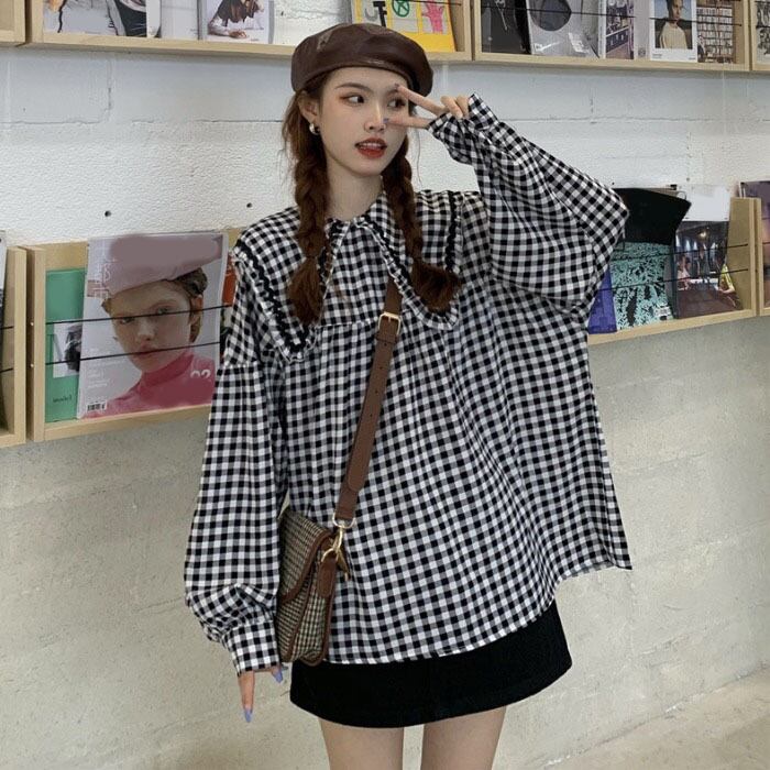 スプリングオータムカジュアルシャツ カラー格子柄ルーズトップス ロング 春物 秋物 ケッペル93064260402