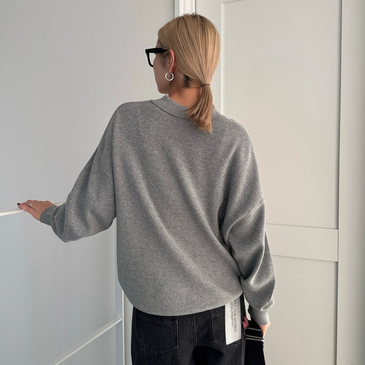 ロゴ刺繍ルーズシルエットポロknit/グレー