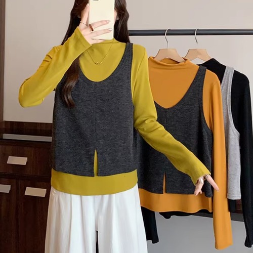 【2点セット】3色／ハイネックカットソー＋フロントスリットタンクトップ ・74268