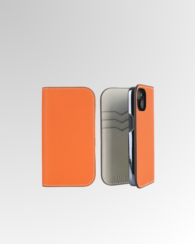 【iPhone15シリーズ】手帳型ケース　エプソン　オレンジ×スモークグレー