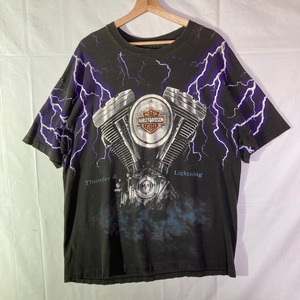 90s USA製 HARLEY-DAVIDSON “Thunder & Lightning” Hanes Tシャツ 総柄 XL ハーレーダビッドソン サンダー ヴィンテージ ヘインズ スミ黒