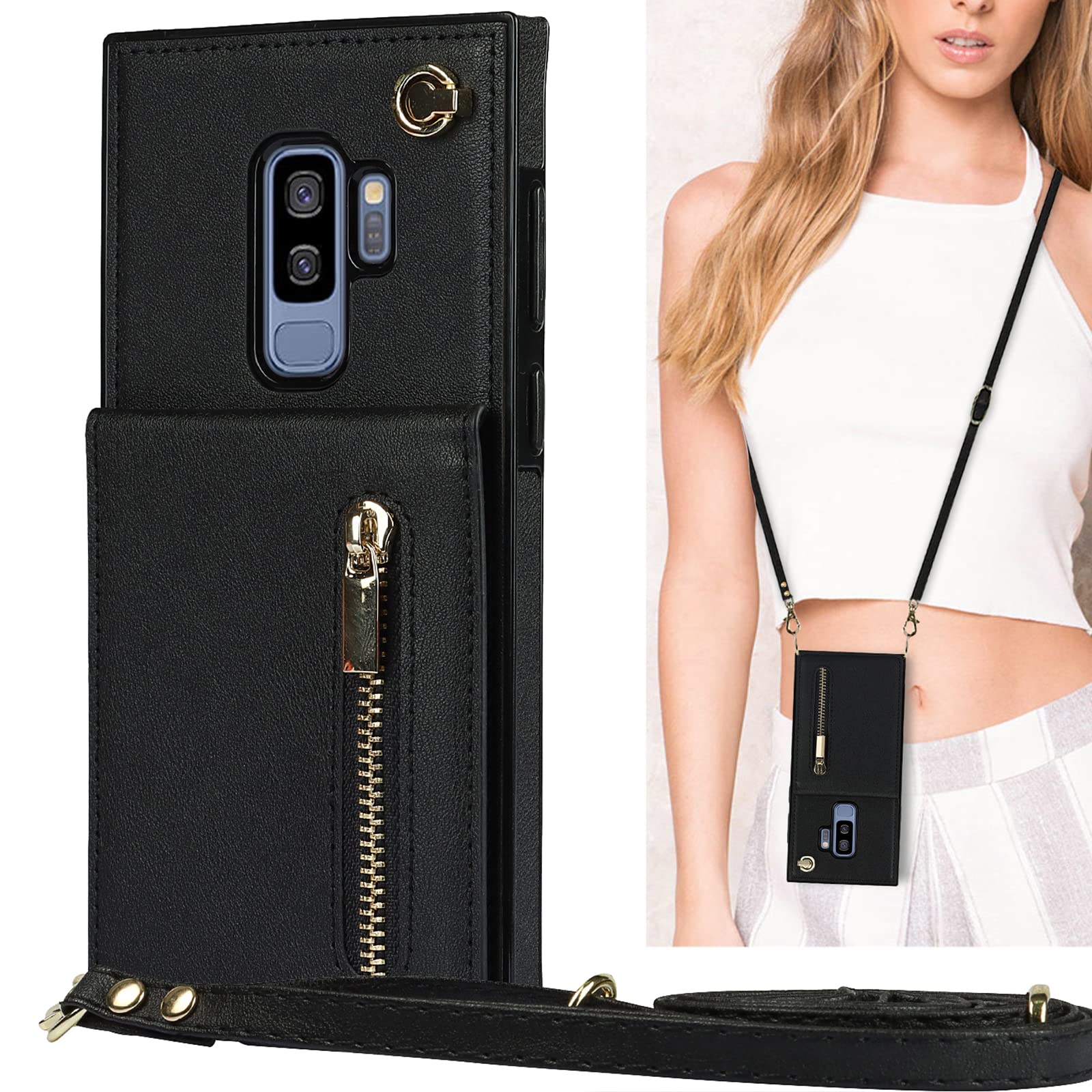 Galaxy S9+ ケース Galaxy S9 Plus ケース 手帳型 ショルダー クロスボディ ギャラクシーS9プラス SC-03K SCV39 ケース カバー S9 プラス SC03K 手帳型 Galaxy S9プラス カバー サムスン ギャラクシー S9plus ケース case 適用 【iCoverCase】 肩がけ 首掛け 斜め掛け カードケース チェーン ファスナー型 ストラップ付き ショルダーケース クロスボディケース カード入れ スマホケース 携帯カバー ブラック