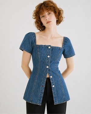 Square Neck Denim Button Top