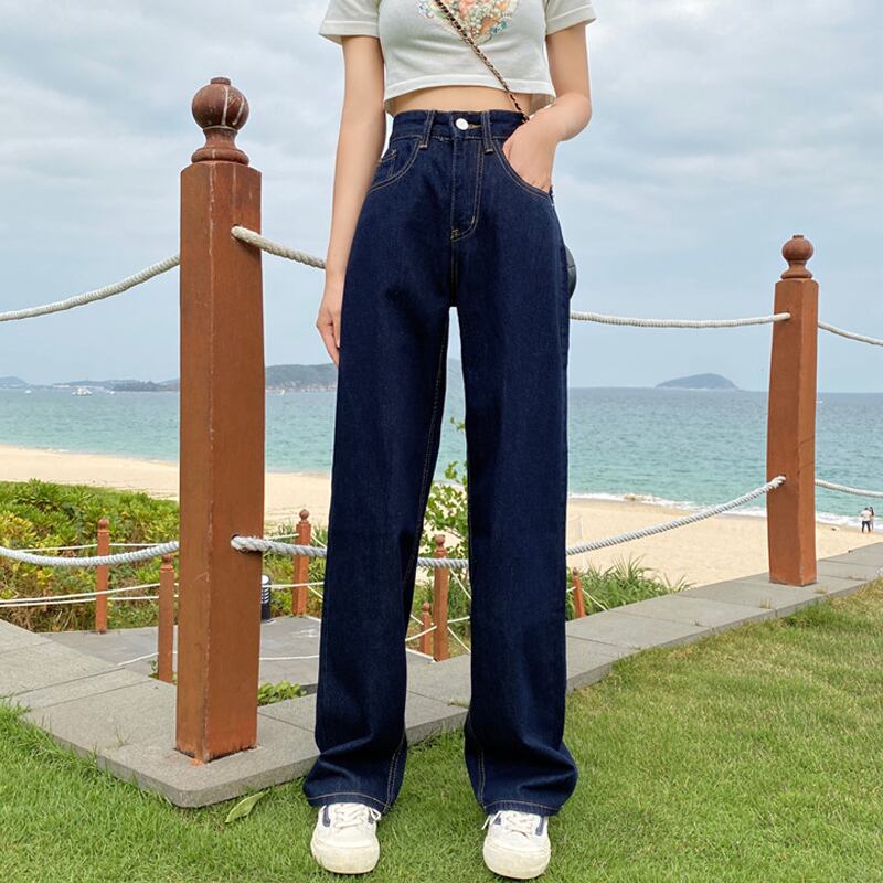 ダークブルージーンズ ルーズハイウェストウェストパンツ スプリングオータム 春物 秋物 試着室43352541786