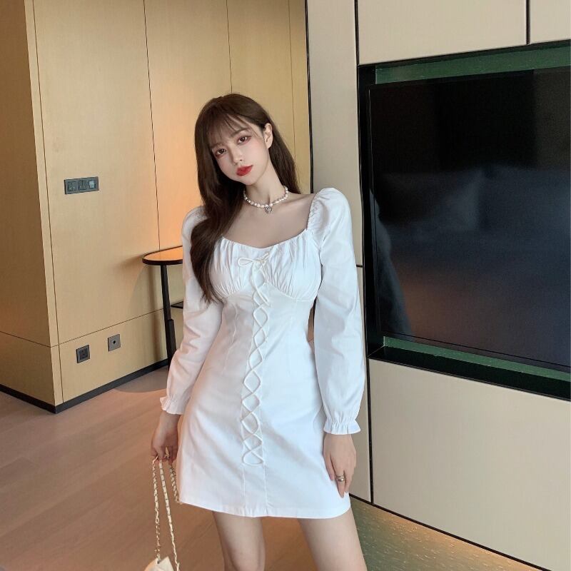 フレンチパフスリーブスクエアカラーホワイトドレスレディース初秋長袖Aラインスカート2020新気質スカート ブラックストロベリース37453464856