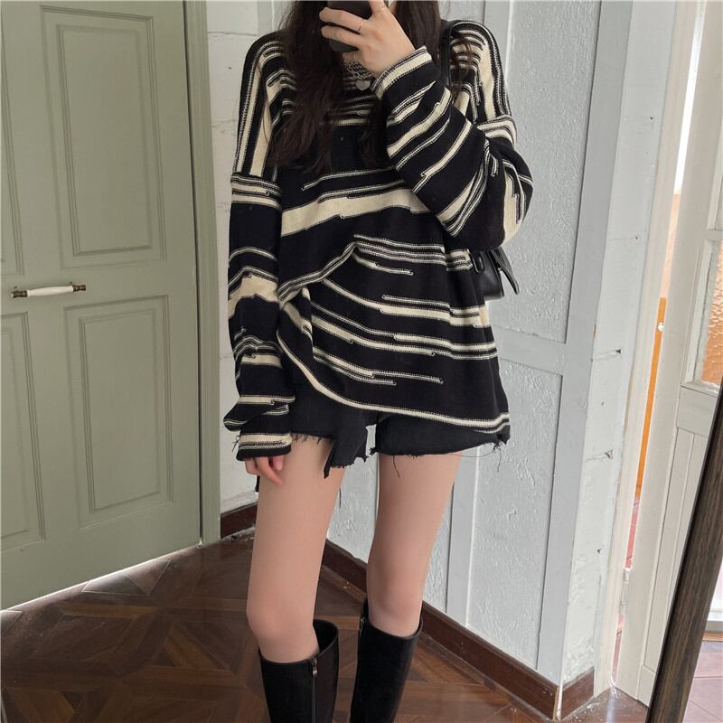 オータムウィンターストライププルオーバー セーター スタンダードスタイルトップス レトロ 秋物 冬物 萌量不足92166306211