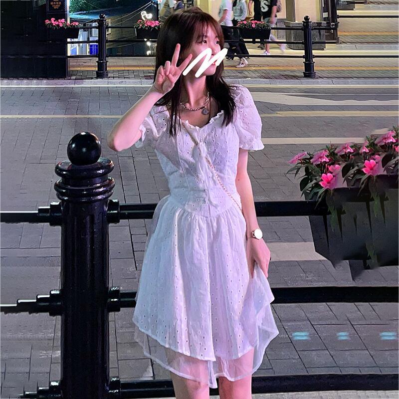 レースホワイトドレス サマー薄手スタイルスリーブウェストスカート 大人ガーリー スウィート キュート カジュアル 夏物 萌量不足59895361991