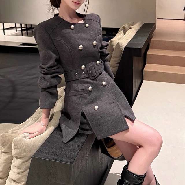 Double button jacket+skirt set up