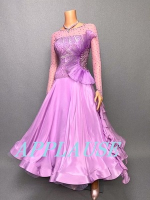 【新着】社交ダンス ドレス　スタンダード　モダンドレス　ラベンダー（フリル）　M　ST-24-2　デモ・競技用ドレス　発表会衣装　パーティドレス　ワンピース　舞台衣装