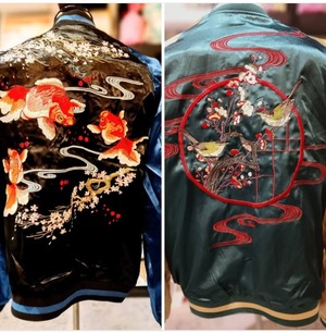 桜金魚 & 梅とウグイス 刺繍 リバ-シブルスカジャン JSKJ-518 Japanesque BLACK&TOURQUOISE 3XL