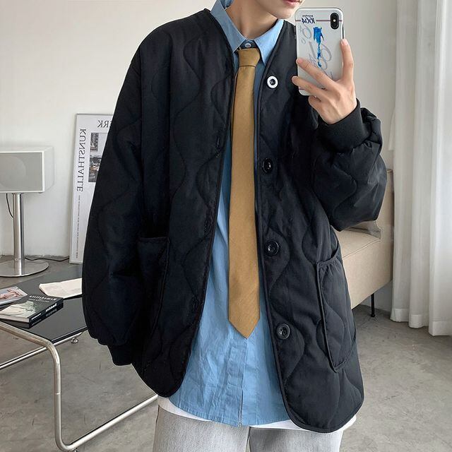 【予約販売】ノーカラー ジャケット キルティング 無地 オーバーサイズ ブラック ショート丈 コート 防寒 お洒落 こなれ感 ベーシック 秋冬 大きいサイズ M/L/XL/2XL