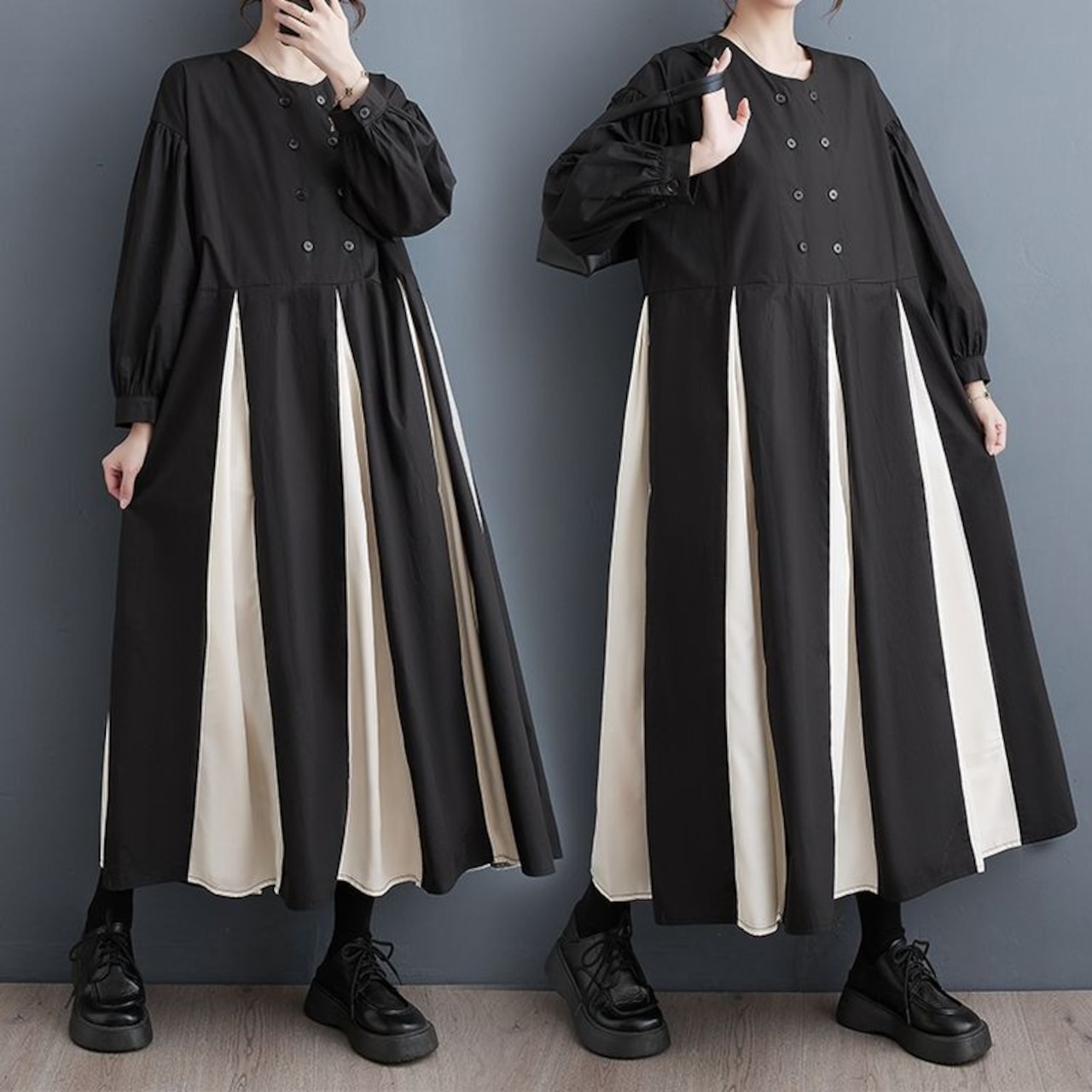 バイカラー プリーツ ロングワンピース 00068