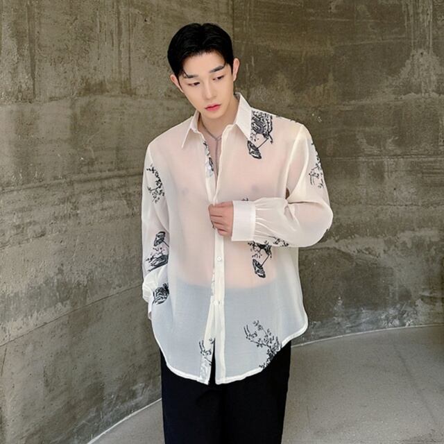 【予約販売】シャツ 長袖 トップス メンズ シアー 透け感 シフォン ホワイト デザインシャツ こなれ感 カジュアル シンプル モード お洒落 こなれ感 韓国 トレンド 春 夏 秋 M/L/XL