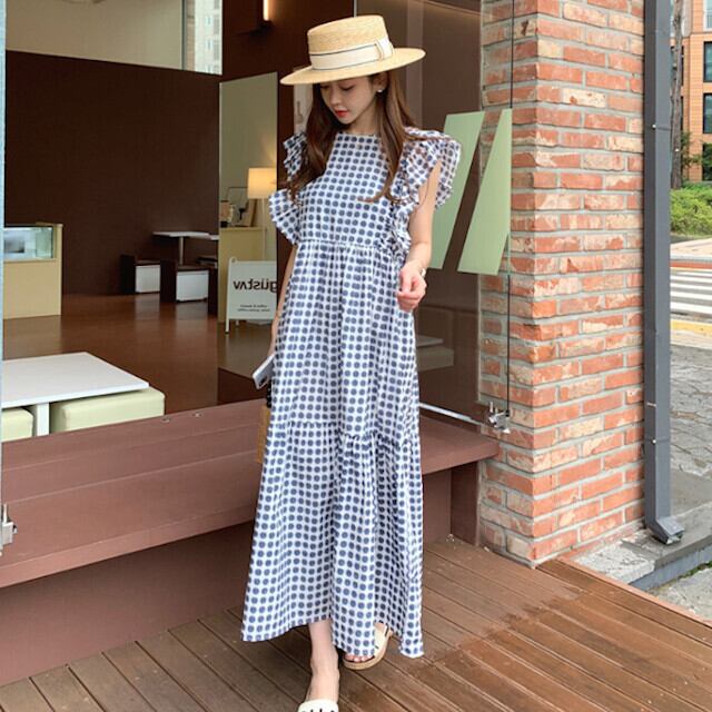 S/M/L/XL レディース マキシワンピース フリル袖 ロング丈 総柄 花柄 フレアワンピ ティアード ハイウエスト ゆったり スクエアバッグ 背中開き