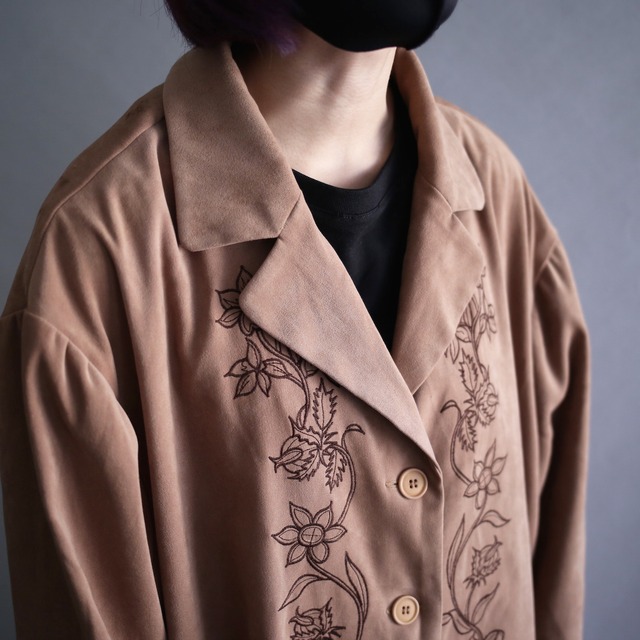 "花×刺繍" over size open collar fake suede shirt jacket