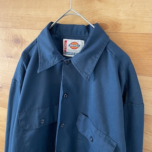 【Dickies】ワークシャツ 無地 長袖シャツ ネイビー ディッキーズ  US古着