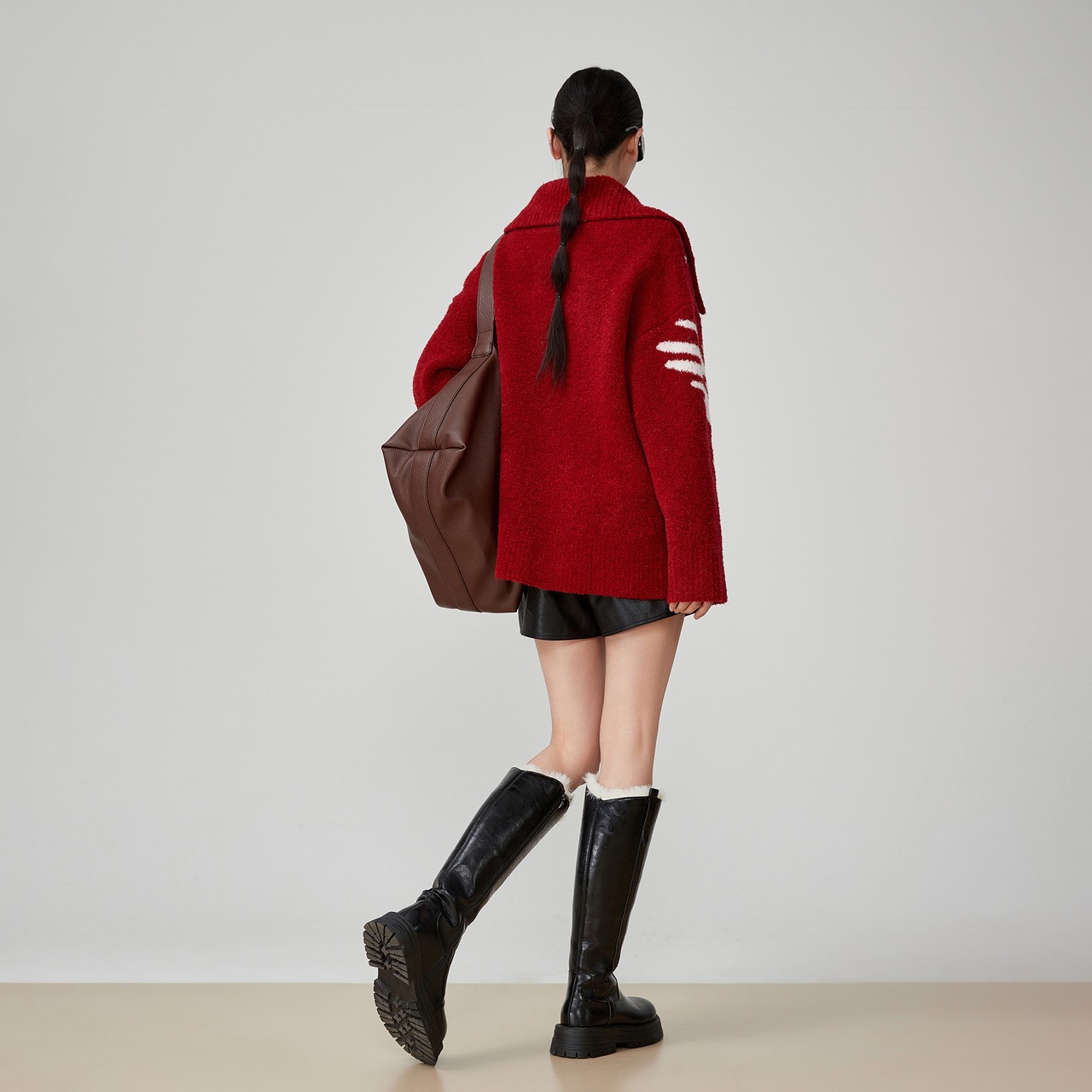 ジャガード襟付き ドローストリングニット H0031