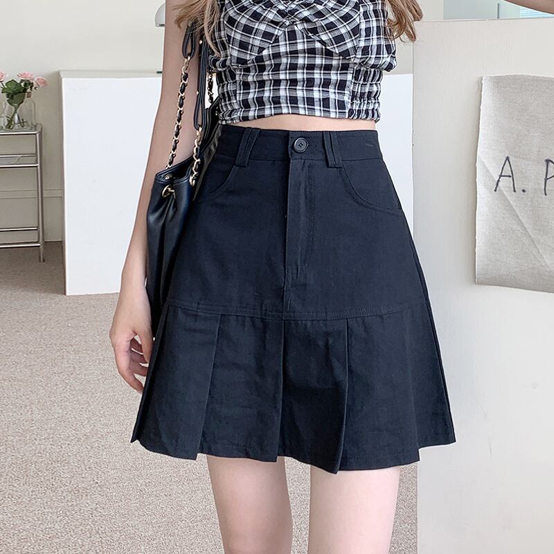 ブラックスカート ハイウェスト薄手Aラインサマープリーツショート 夏物 試着室45432446767