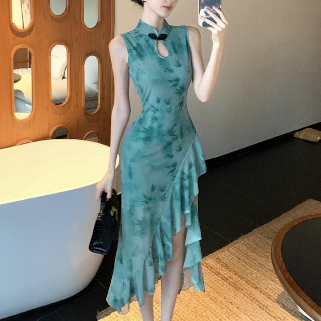 ワンピース ノースリーブ ペプラム チャイナ風 シルエット S M L