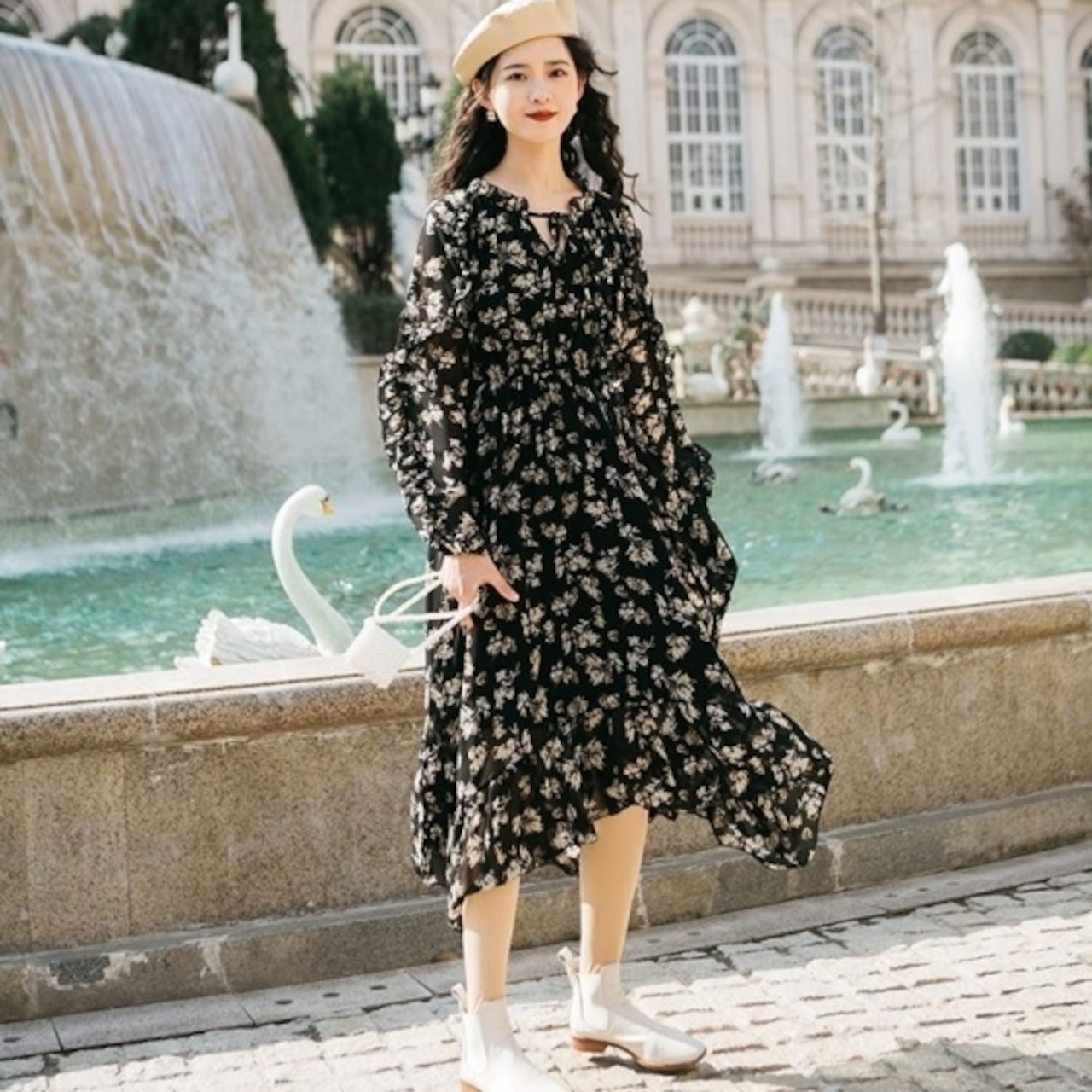 シフォンワンピース シフォンワンピ レディース ハイネック 長袖 