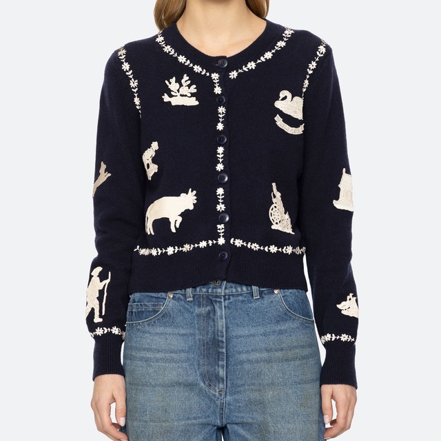 SEA NY　MARGEURITE LACE PATCH L/SLV CARDIGAN　NAVY